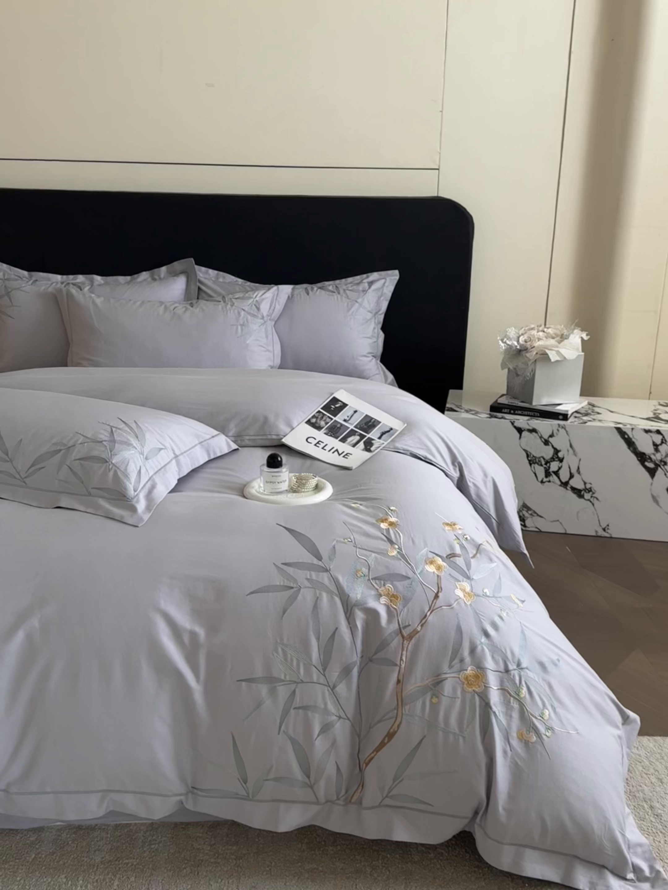 91家纺网 家纺一手货源 找家纺 湘雪家居 2026新款纯棉全棉长绒棉刺绣绣花高端礼盒四件套-竹韵系列 竹韵-天青