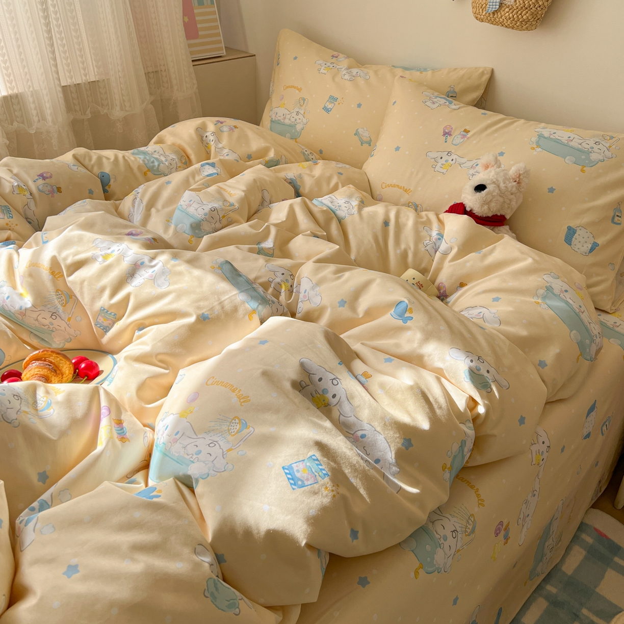 91家纺网 家纺一手货源 找家纺 耀悦家纺 2026新款纯棉四件套正版授权三丽鸥卡通床单床笠被套枕套 玉桂狗沐浴