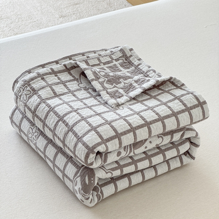 91家纺网 家纺一手货源 找家纺 乐家毛巾被（工厂自产自销） 2026新款精梳安心棉色织提花床盖毛巾被两用 格子长颈鹿床盖