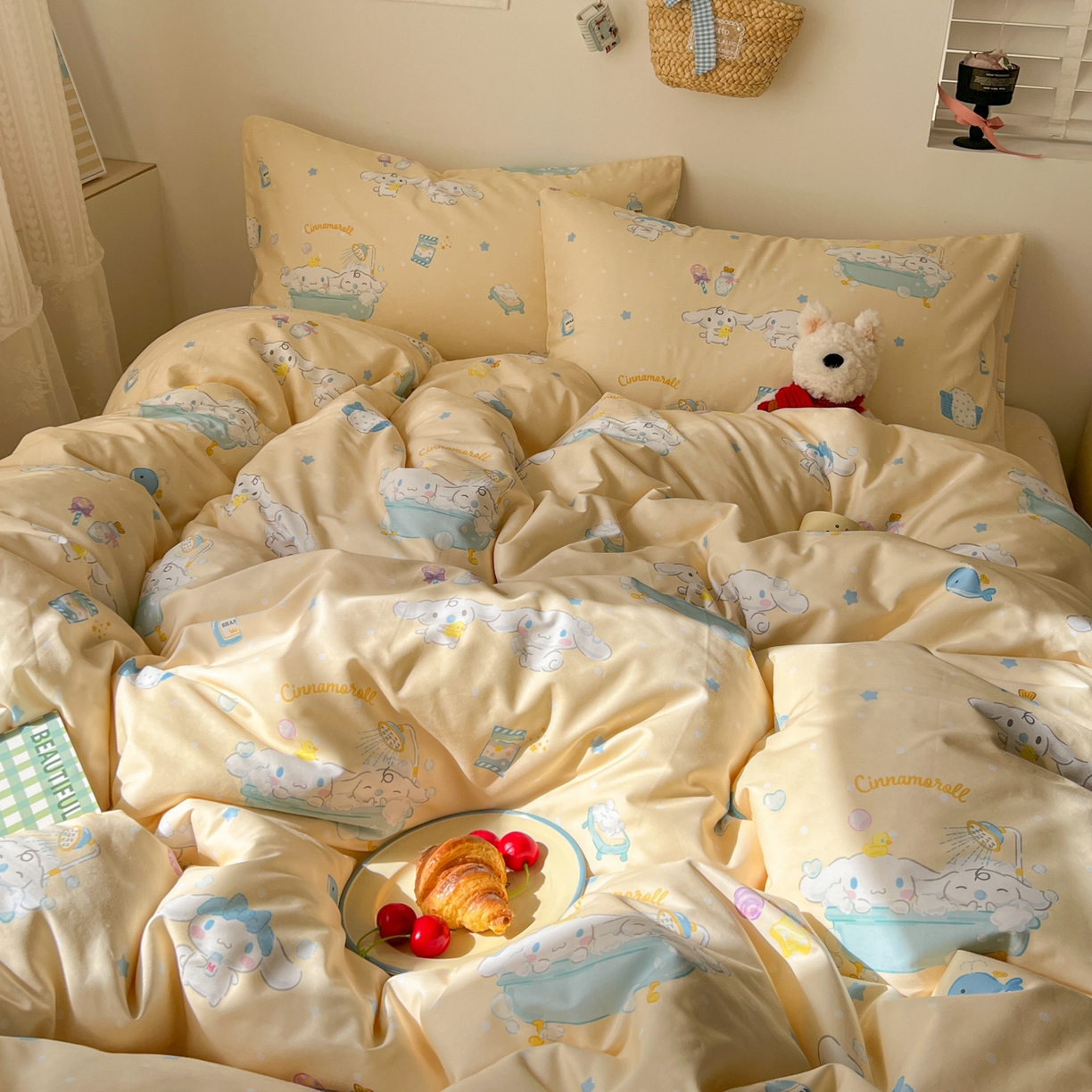 91家纺网 家纺一手货源 找家纺 耀悦家纺 2026新款纯棉四件套正版授权三丽鸥卡通床单床笠被套枕套 玉桂狗沐浴