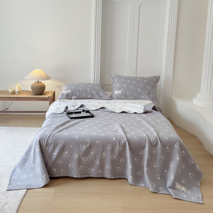 91家纺网 家纺一手货源 找家纺 乐家毛巾被（工厂自产自销） 2026新款精梳安心棉色织提花床盖毛巾被两用 灰色南瓜床盖