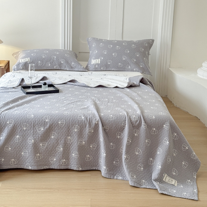 91家纺网 家纺一手货源 找家纺 乐家毛巾被（工厂自产自销） 2026新款精梳安心棉色织提花床盖毛巾被两用 灰色南瓜床盖