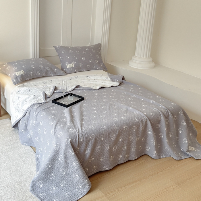 91家纺网 家纺一手货源 找家纺 乐家毛巾被（工厂自产自销） 2026新款精梳安心棉色织提花床盖毛巾被两用 灰色南瓜床盖