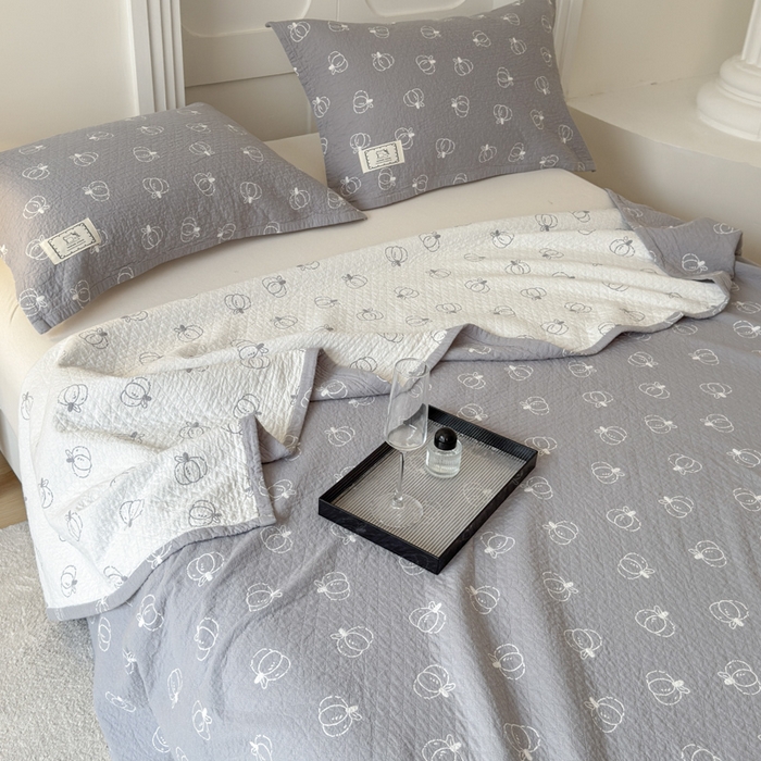 91家纺网 家纺一手货源 找家纺 乐家毛巾被（工厂自产自销） 2026新款精梳安心棉色织提花床盖毛巾被两用 灰色南瓜床盖