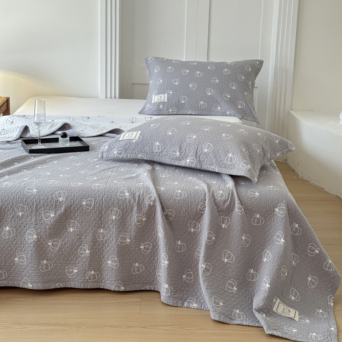 91家纺网 家纺一手货源 找家纺 乐家毛巾被（工厂自产自销） 2026新款精梳安心棉色织提花床盖毛巾被两用 灰色南瓜床盖