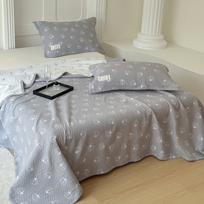 91家纺网 家纺一手货源 找家纺 乐家毛巾被（工厂自产自销） 2026新款精梳安心棉色织提花床盖毛巾被两用 灰色南瓜床盖