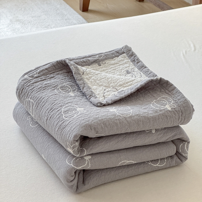 91家纺网 家纺一手货源 找家纺 乐家毛巾被（工厂自产自销） 2026新款精梳安心棉色织提花床盖毛巾被两用 灰色南瓜床盖