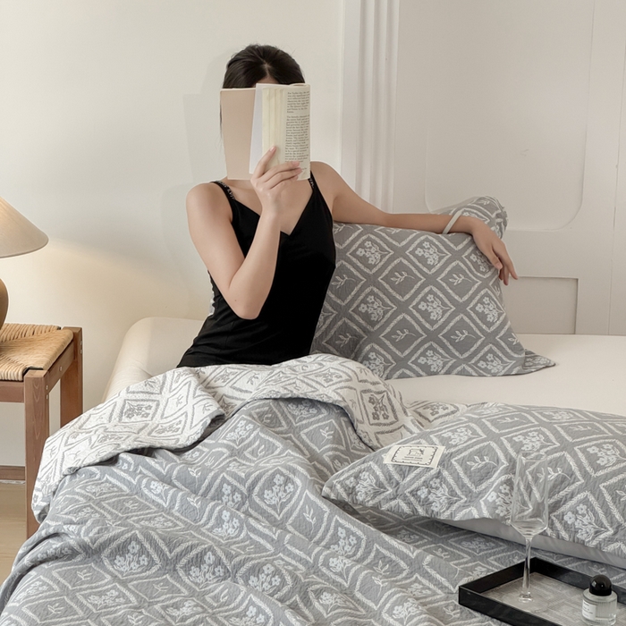 91家纺网 家纺一手货源 找家纺 乐家毛巾被（工厂自产自销） 2026新款精梳安心棉色织提花床盖毛巾被两用 菱形花束床盖