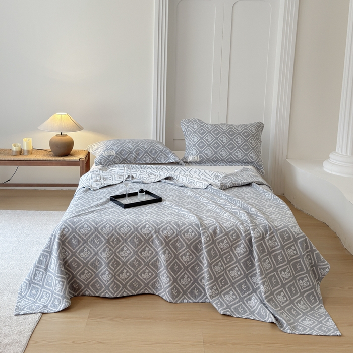 91家纺网 家纺一手货源 找家纺 乐家毛巾被（工厂自产自销） 2026新款精梳安心棉色织提花床盖毛巾被两用 菱形花束床盖