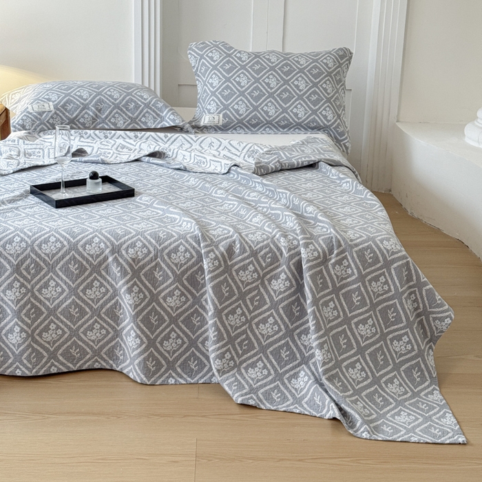 91家纺网 家纺一手货源 找家纺 乐家毛巾被（工厂自产自销） 2026新款精梳安心棉色织提花床盖毛巾被两用 菱形花束床盖