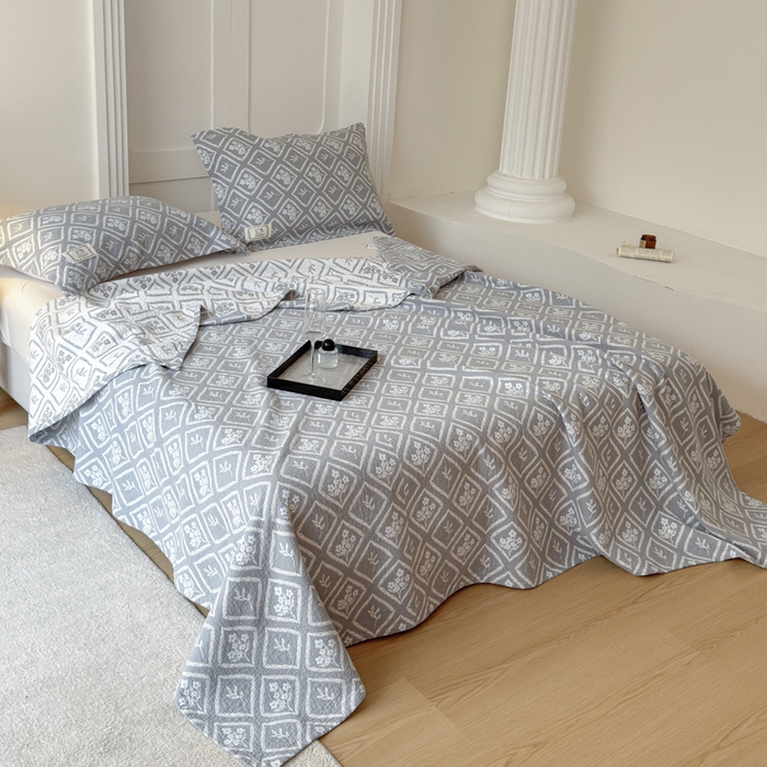 91家纺网 家纺一手货源 找家纺 乐家毛巾被（工厂自产自销） 2026新款精梳安心棉色织提花床盖毛巾被两用 菱形花束床盖