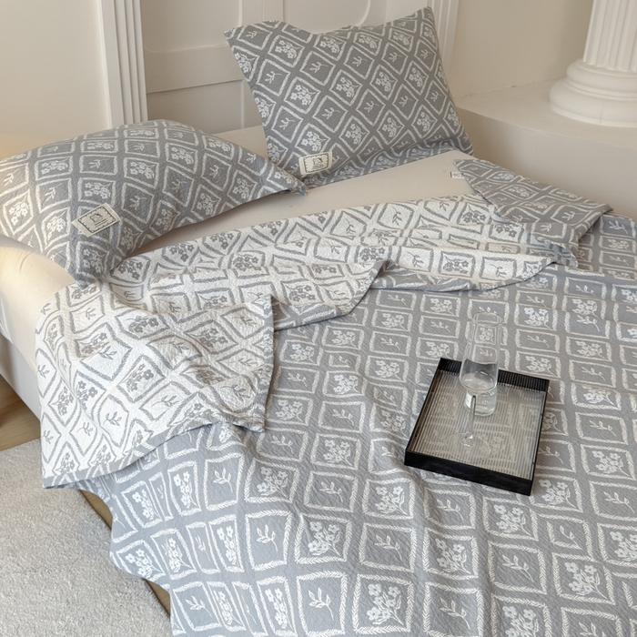 91家纺网 家纺一手货源 找家纺 乐家毛巾被（工厂自产自销） 2026新款精梳安心棉色织提花床盖毛巾被两用 菱形花束床盖