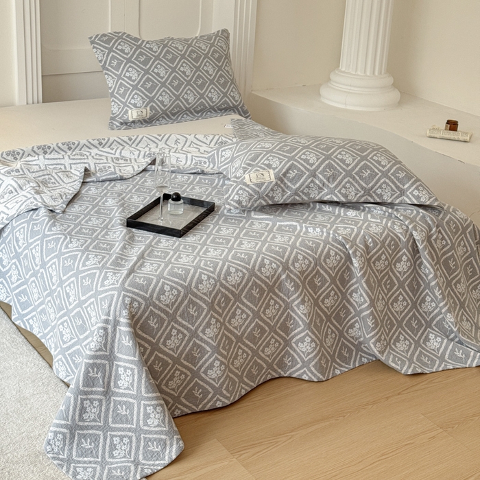 91家纺网 家纺一手货源 找家纺 乐家毛巾被（工厂自产自销） 2026新款精梳安心棉色织提花床盖毛巾被两用 菱形花束床盖