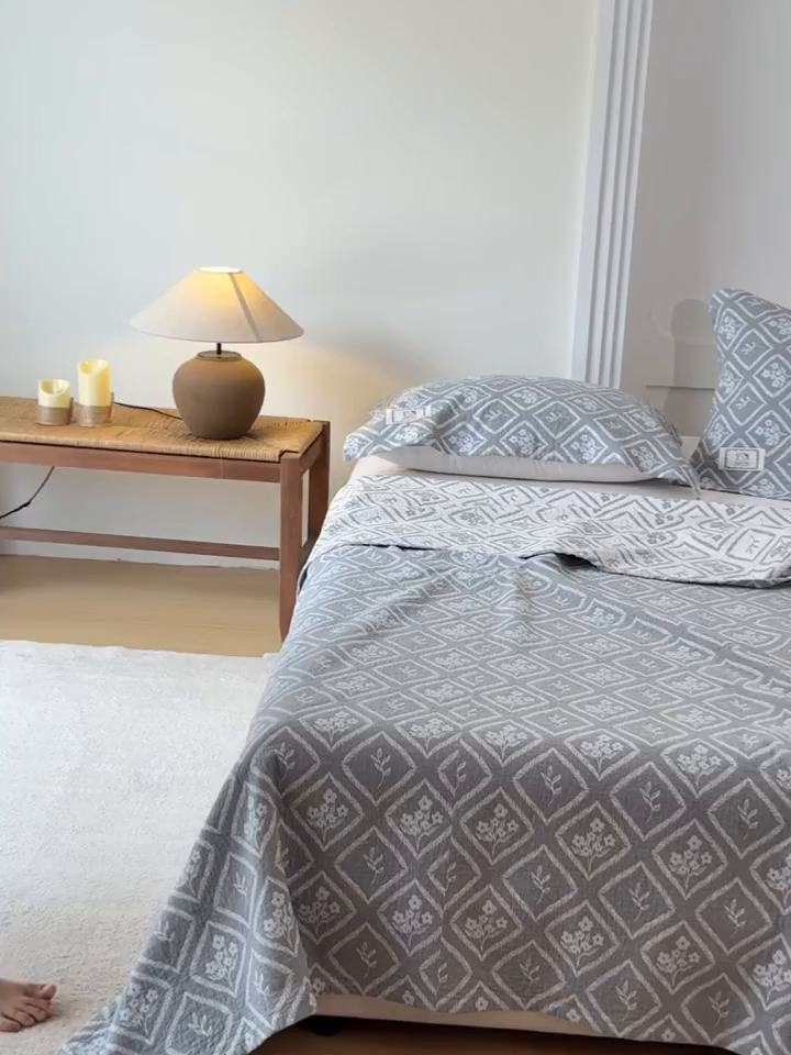 91家纺网 家纺一手货源 找家纺 乐家毛巾被（工厂自产自销） 2026新款精梳安心棉色织提花床盖毛巾被两用 菱形花束床盖