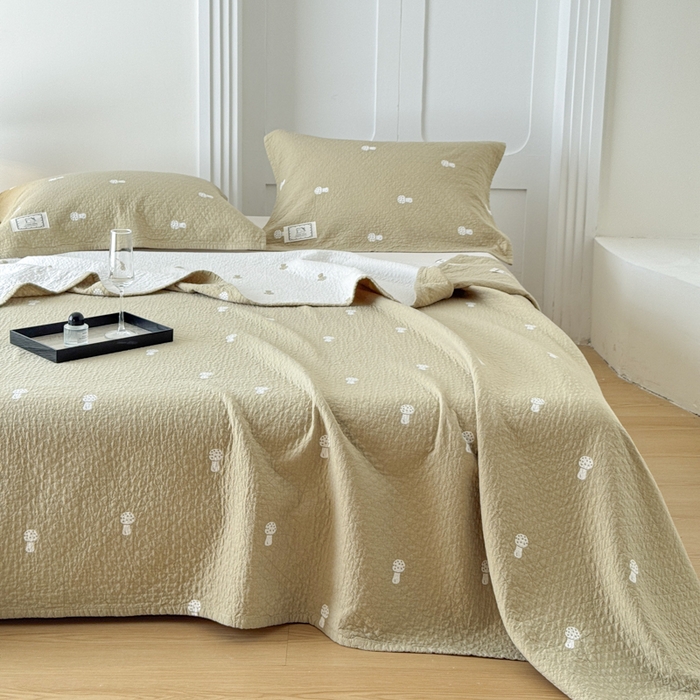 91家纺网 家纺一手货源 找家纺 乐家毛巾被（工厂自产自销） 2026新款精梳安心棉色织提花床盖毛巾被两用 蘑菇眠床盖