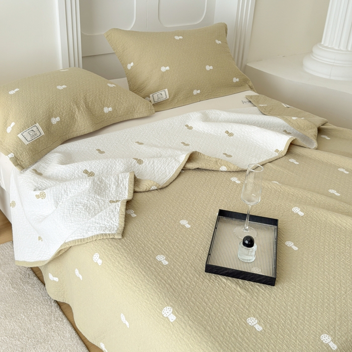 91家纺网 家纺一手货源 找家纺 乐家毛巾被（工厂自产自销） 2026新款精梳安心棉色织提花床盖毛巾被两用 蘑菇眠床盖