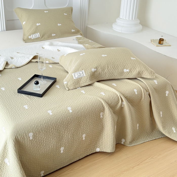 91家纺网 家纺一手货源 找家纺 乐家毛巾被（工厂自产自销） 2026新款精梳安心棉色织提花床盖毛巾被两用 蘑菇眠床盖