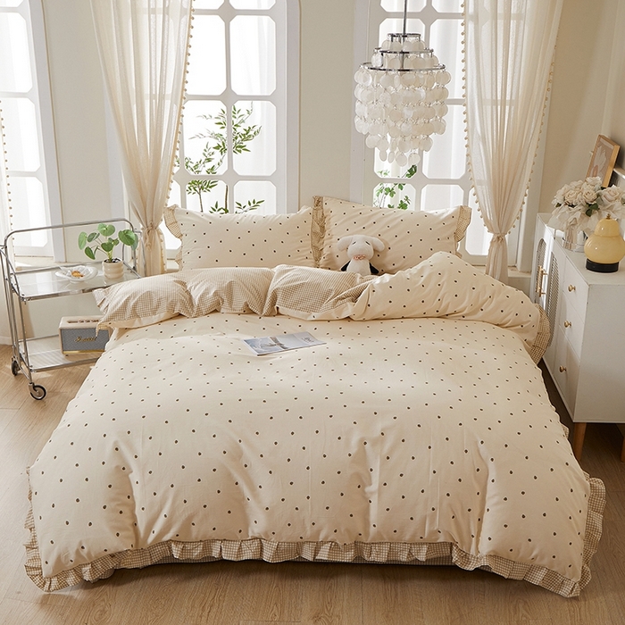 一米阳光 2026年春夏新款小清新花边款全棉纯棉四件套 草莓点点