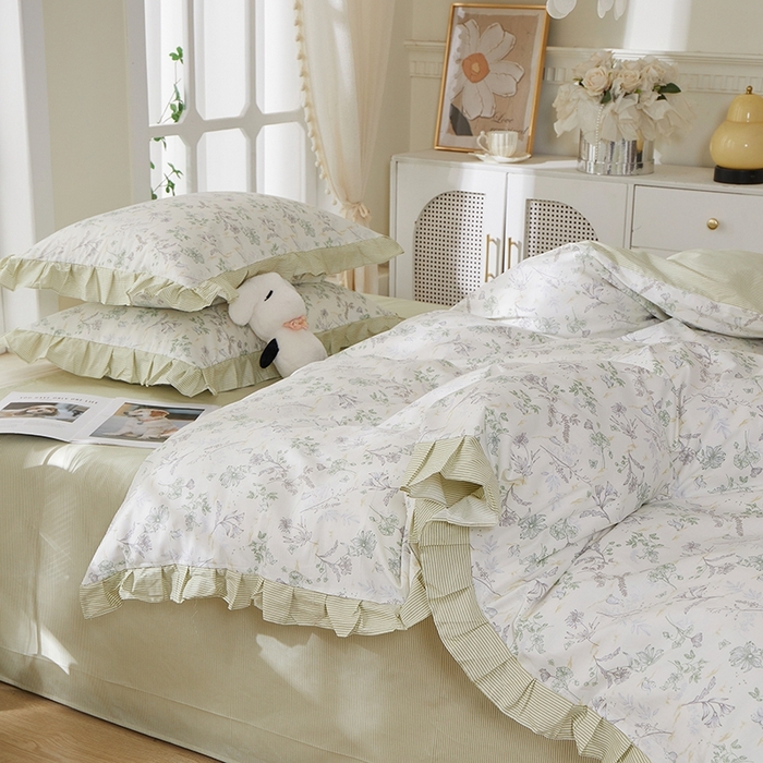 91家纺网 家纺一手货源 找家纺 一米阳光 2026年春夏新款小清新花边款全棉纯棉四件套 初春