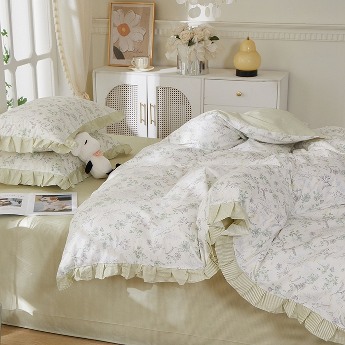 91家纺网 家纺一手货源 找家纺 一米阳光 2026年春夏新款小清新花边款全棉纯棉四件套 初春