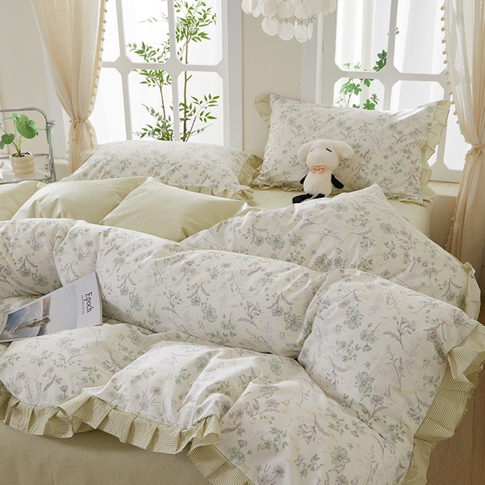 91家纺网 家纺一手货源 找家纺 一米阳光 2026年春夏新款小清新花边款全棉纯棉四件套 初春