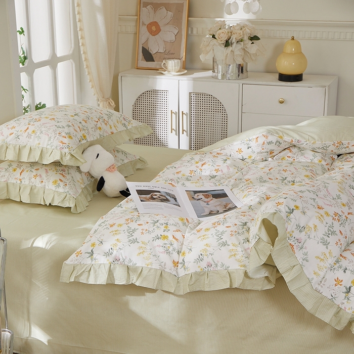 91家纺网 家纺一手货源 找家纺 一米阳光 2026年春夏新款小清新花边款全棉纯棉四件套 春雨含茉