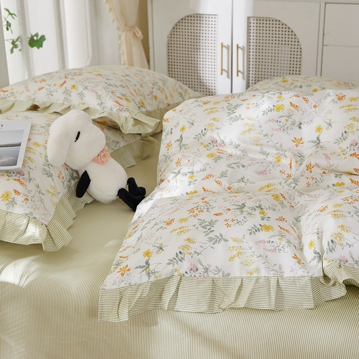 91家纺网 家纺一手货源 找家纺 一米阳光 2026年春夏新款小清新花边款全棉纯棉四件套 春雨含茉