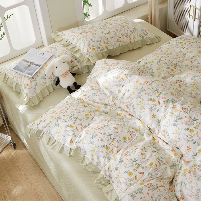 91家纺网 家纺一手货源 找家纺 一米阳光 2026年春夏新款小清新花边款全棉纯棉四件套 春雨含茉