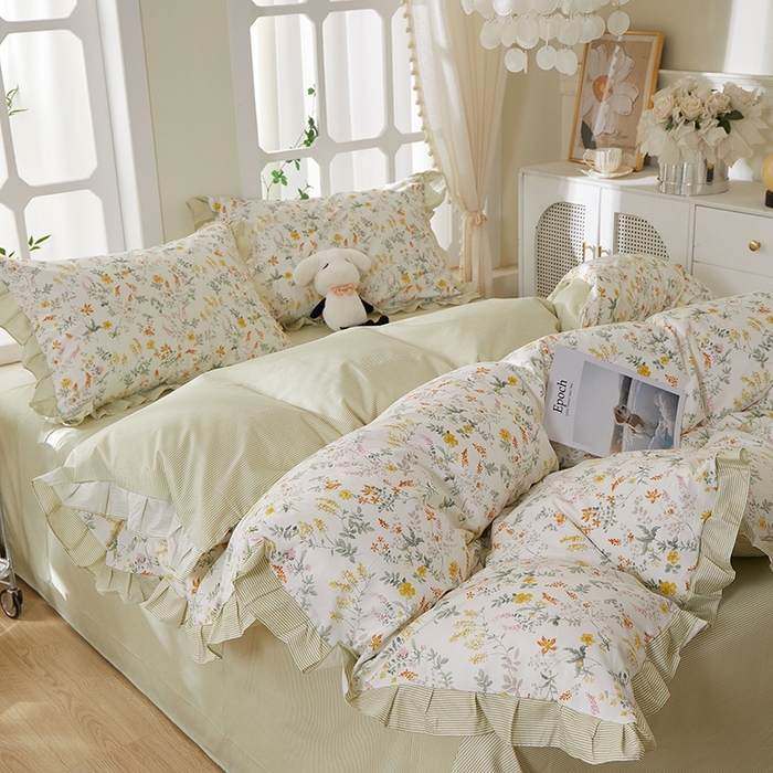 91家纺网 家纺一手货源 找家纺 一米阳光 2026年春夏新款小清新花边款全棉纯棉四件套 春雨含茉