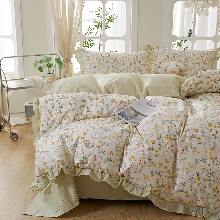 91家纺网 家纺一手货源 找家纺 一米阳光 2026年春夏新款小清新花边款全棉纯棉四件套 春雨含茉