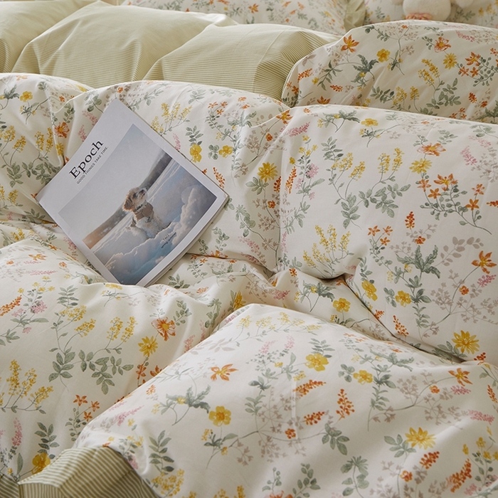 91家纺网 家纺一手货源 找家纺 一米阳光 2026年春夏新款小清新花边款全棉纯棉四件套 春雨含茉