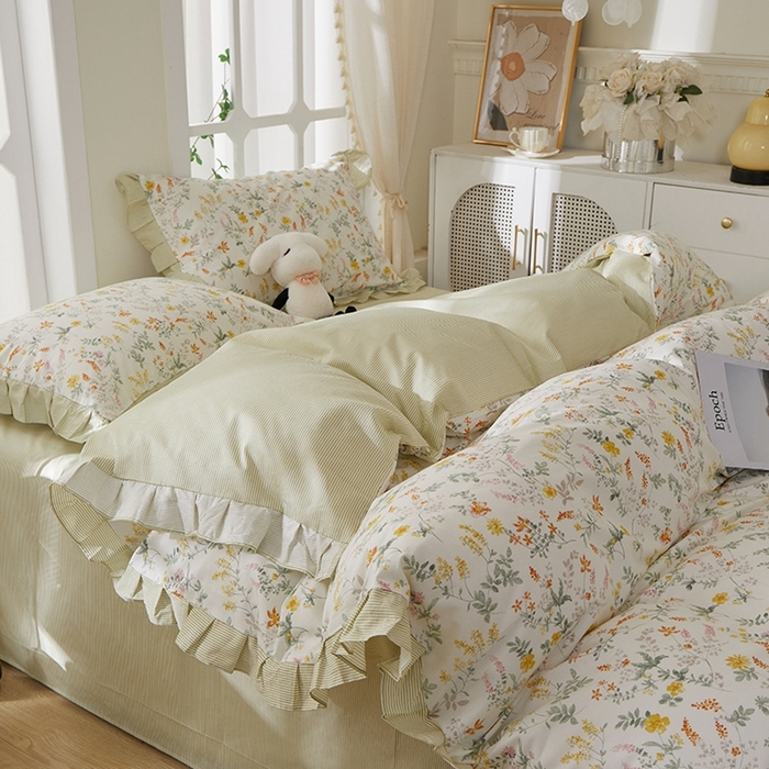 91家纺网 家纺一手货源 找家纺 一米阳光 2026年春夏新款小清新花边款全棉纯棉四件套 春雨含茉