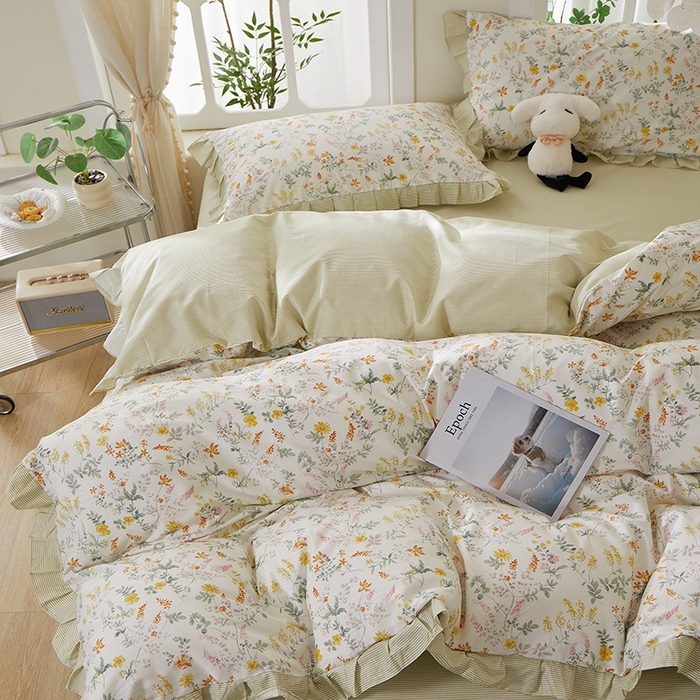 91家纺网 家纺一手货源 找家纺 一米阳光 2026年春夏新款小清新花边款全棉纯棉四件套 春雨含茉