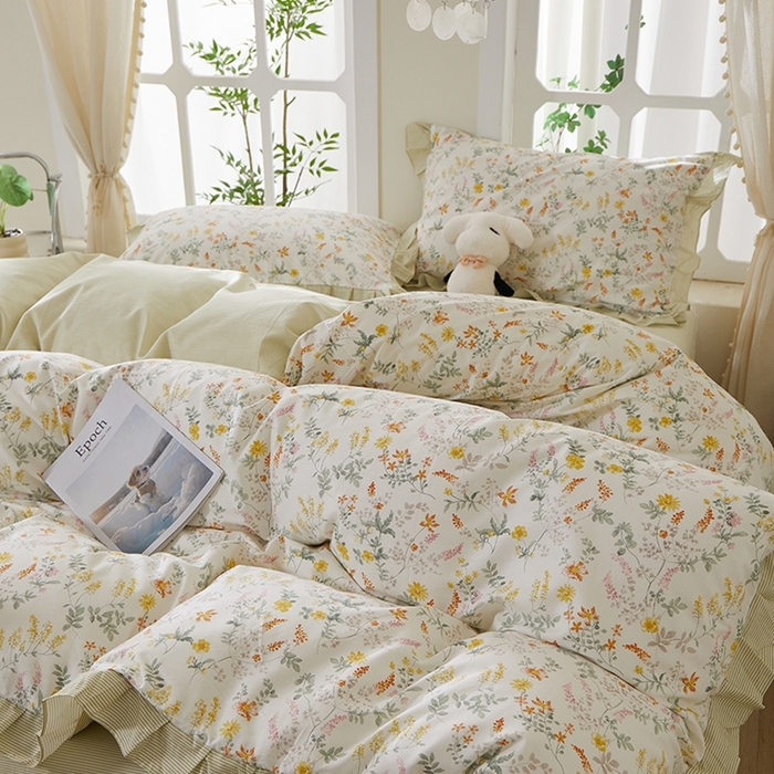 91家纺网 家纺一手货源 找家纺 一米阳光 2026年春夏新款小清新花边款全棉纯棉四件套 春雨含茉