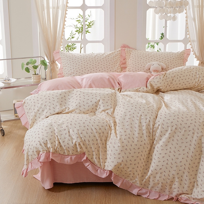 91家纺网 家纺一手货源 找家纺 一米阳光 2026年春夏新款小清新花边款全棉纯棉四件套 花涧