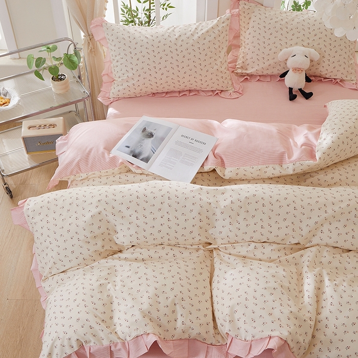 91家纺网 家纺一手货源 找家纺 一米阳光 2026年春夏新款小清新花边款全棉纯棉四件套 花涧