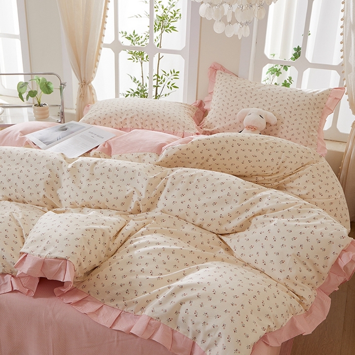 91家纺网 家纺一手货源 找家纺 一米阳光 2026年春夏新款小清新花边款全棉纯棉四件套 花涧