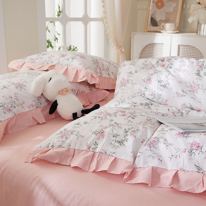 91家纺网 家纺一手货源 找家纺 一米阳光 2026年春夏新款小清新花边款全棉纯棉四件套 洛克庄园