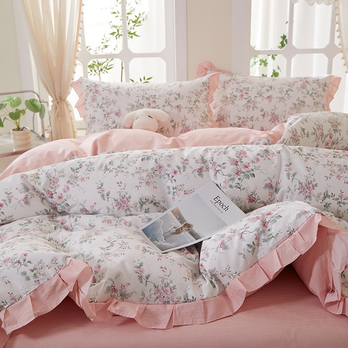 91家纺网 家纺一手货源 找家纺 一米阳光 2026年春夏新款小清新花边款全棉纯棉四件套 洛克庄园