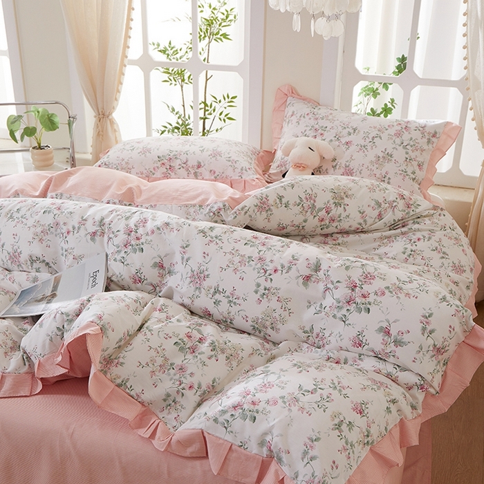 91家纺网 家纺一手货源 找家纺 一米阳光 2026年春夏新款小清新花边款全棉纯棉四件套 洛克庄园