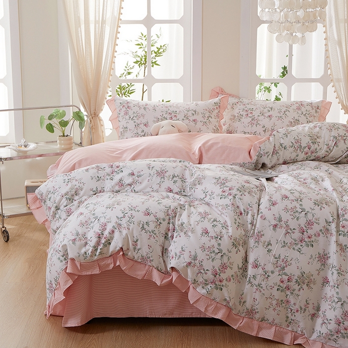 91家纺网 家纺一手货源 找家纺 一米阳光 2026年春夏新款小清新花边款全棉纯棉四件套 洛克庄园