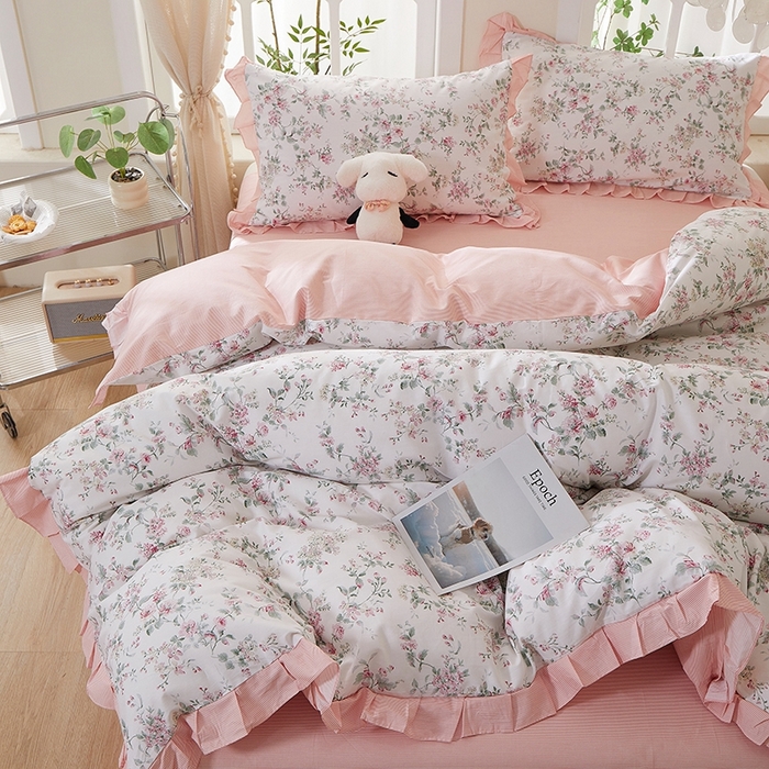 91家纺网 家纺一手货源 找家纺 一米阳光 2026年春夏新款小清新花边款全棉纯棉四件套 洛克庄园