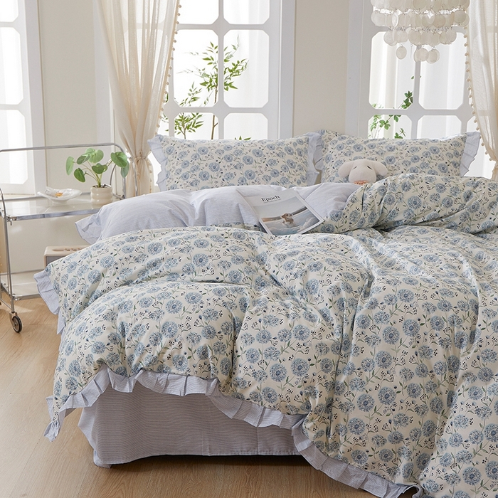 91家纺网 家纺一手货源 找家纺 一米阳光 2026年春夏新款小清新花边款全棉纯棉四件套 蒲公英