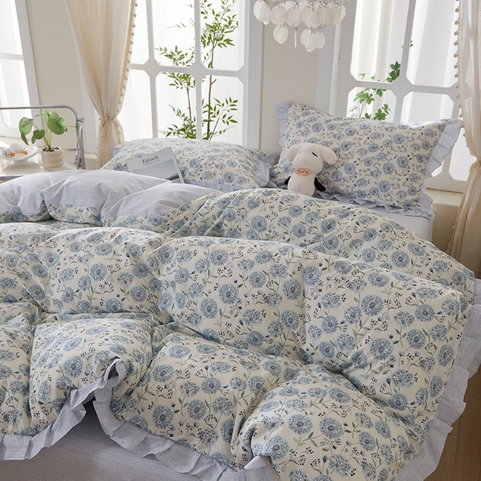 91家纺网 家纺一手货源 找家纺 一米阳光 2026年春夏新款小清新花边款全棉纯棉四件套 蒲公英