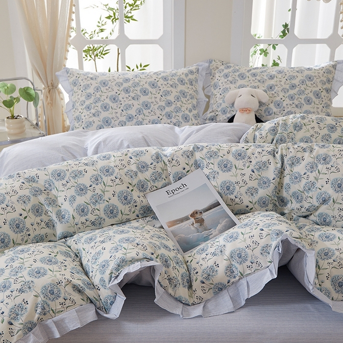 91家纺网 家纺一手货源 找家纺 一米阳光 2026年春夏新款小清新花边款全棉纯棉四件套 蒲公英