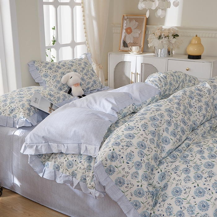 91家纺网 家纺一手货源 找家纺 一米阳光 2026年春夏新款小清新花边款全棉纯棉四件套 蒲公英