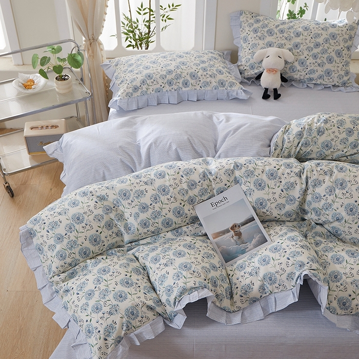 91家纺网 家纺一手货源 找家纺 一米阳光 2026年春夏新款小清新花边款全棉纯棉四件套 蒲公英