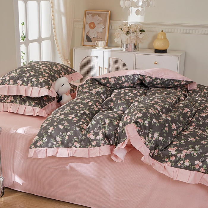 91家纺网 家纺一手货源 找家纺 一米阳光 2026年春夏新款小清新花边款全棉纯棉四件套 韶华