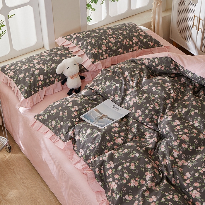 91家纺网 家纺一手货源 找家纺 一米阳光 2026年春夏新款小清新花边款全棉纯棉四件套 韶华