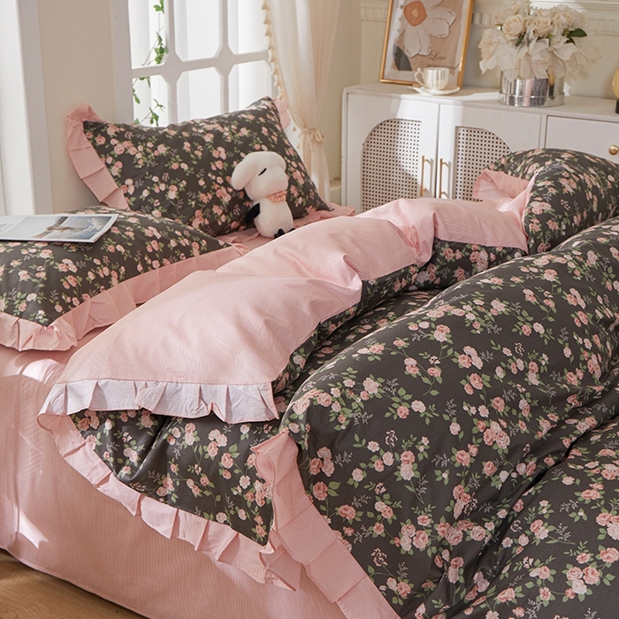 91家纺网 家纺一手货源 找家纺 一米阳光 2026年春夏新款小清新花边款全棉纯棉四件套 韶华